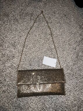 Gold Sequin Evening Clutch with Chain Strap